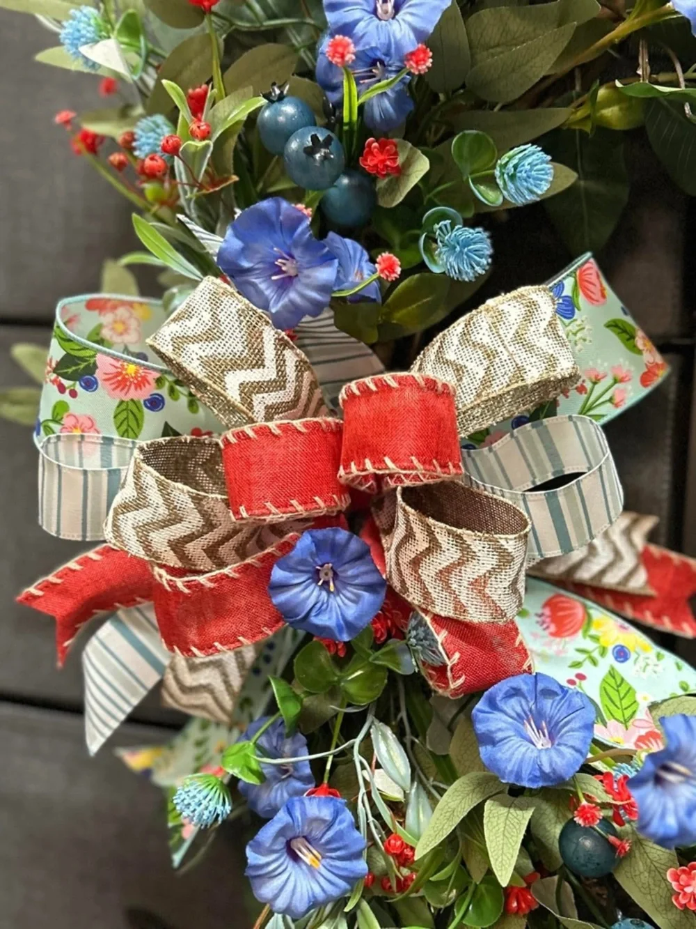 Handmade “Everyday” Blue Floral Wreath with Red Accents and Rustic Cross